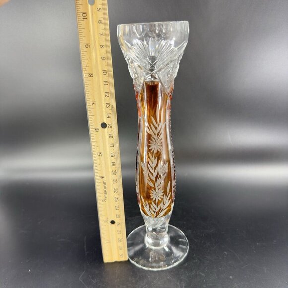 Vintage Czech Bohemian Glass Crystal Vase Vessel Amber Etching Floral Decor Vase - Picture 4 of 16
